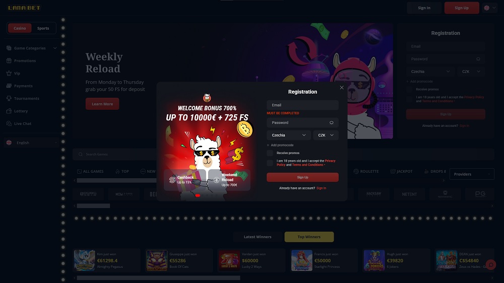 Preview of the registration form at Lamabet casino