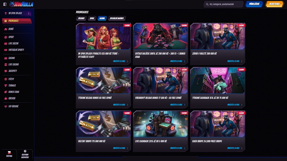 Náhled bonusů a promoakcí s free spins v online casinu Win Rolla