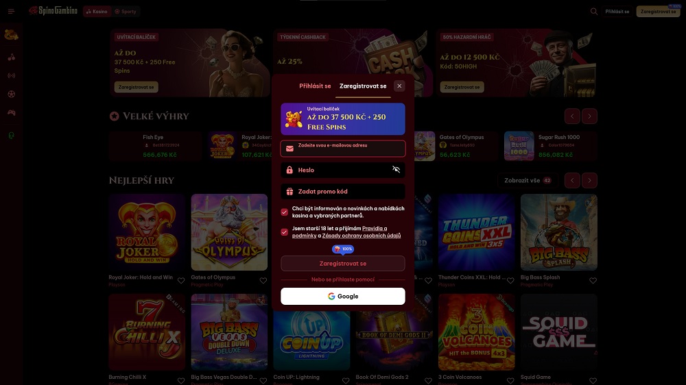 Vorschau des Registrierungsformulars im Online Casino SpinoGambino