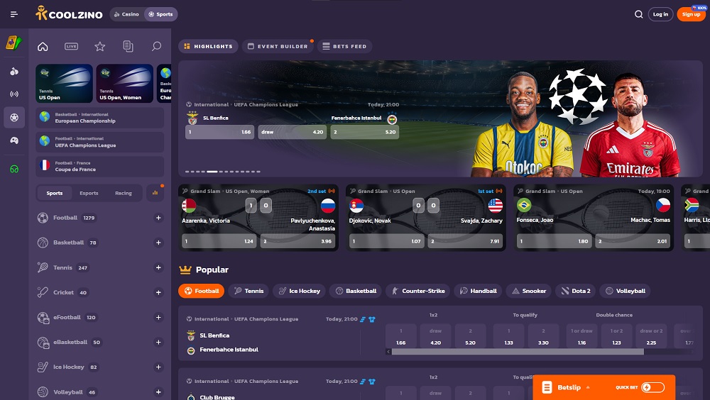 Preview of the sports section at the Coolzino bookmaker