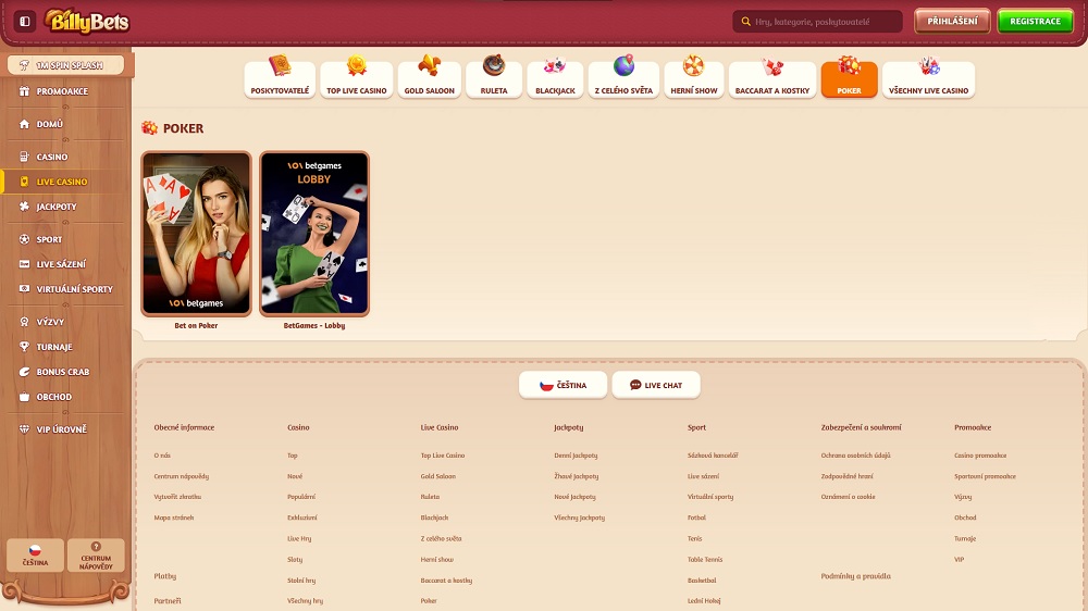 Náhled Live Casino sekce online casina BillyBets