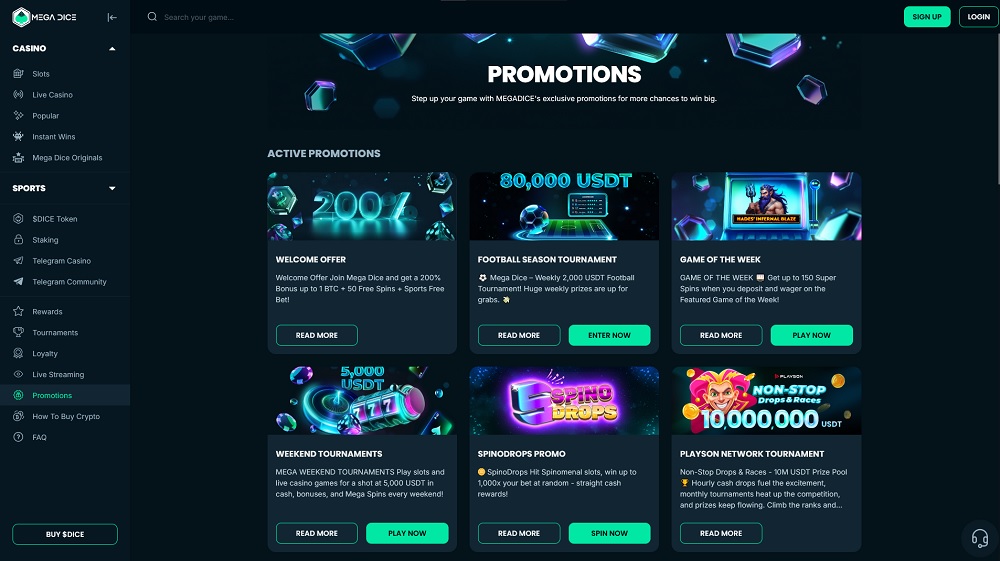 Náhled bonusů a promoakcí v online casinu Mega Dice