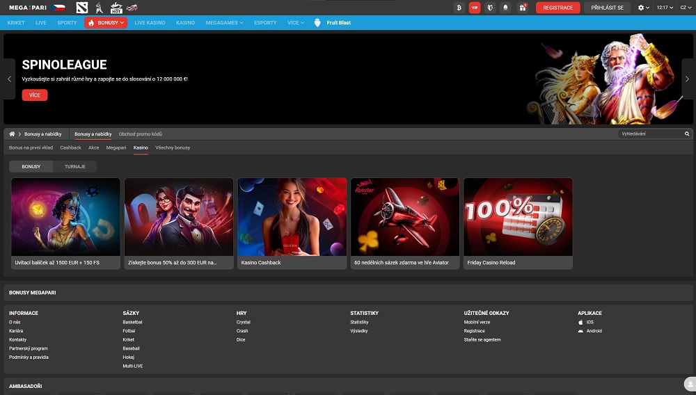 Náhled bonusů a promoakcí s free spins v online casinu Megapari