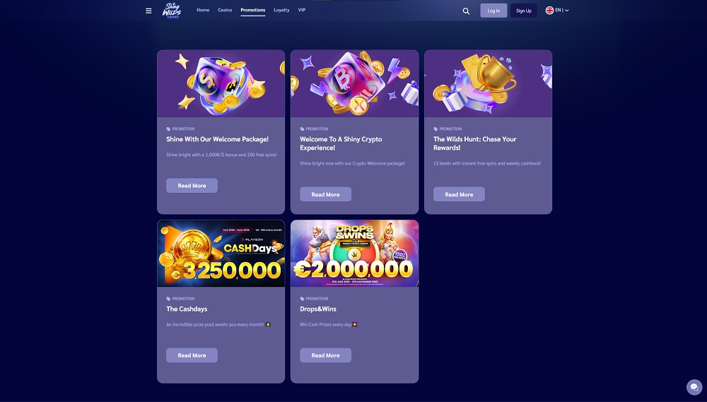 Vista previa de bonificaciones y promociones en el casino online ShinyWilds