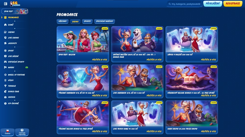 Náhled bonusů a promoakcí s free spins v online casinu SGCasino