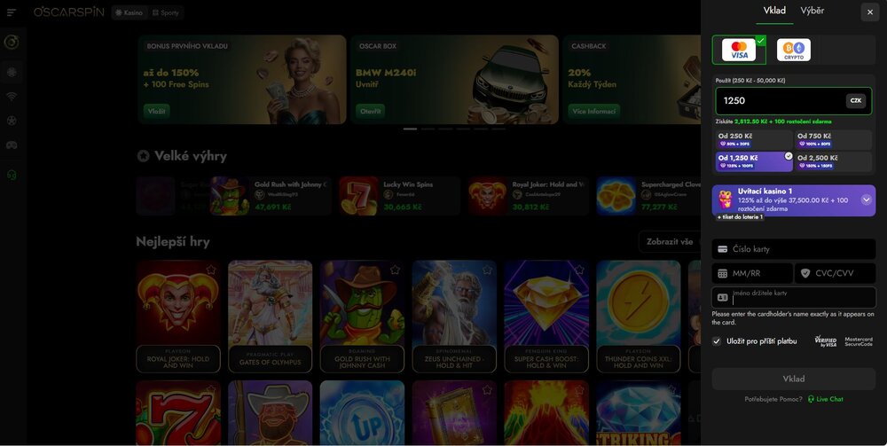 oscarspin vklad peněz