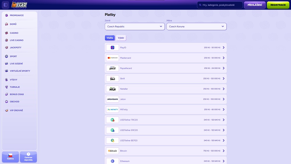 Náhled platebních metod v online casinu a sázkové kanceláři Spinbara