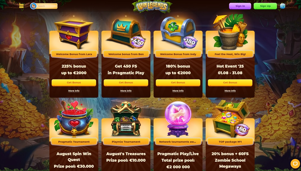 Náhled bonusů a promoakcí s free spins v online casinu WinLegends