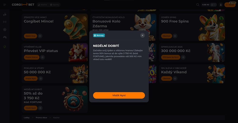 Náhled reload bonusu Nedělní Dobití v online casinu Corgibet