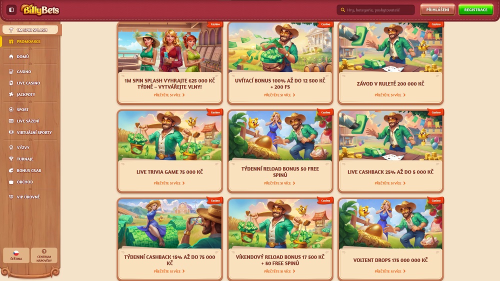 Náhled bonusů a promoakcí s free spins v online casinu BillyBets