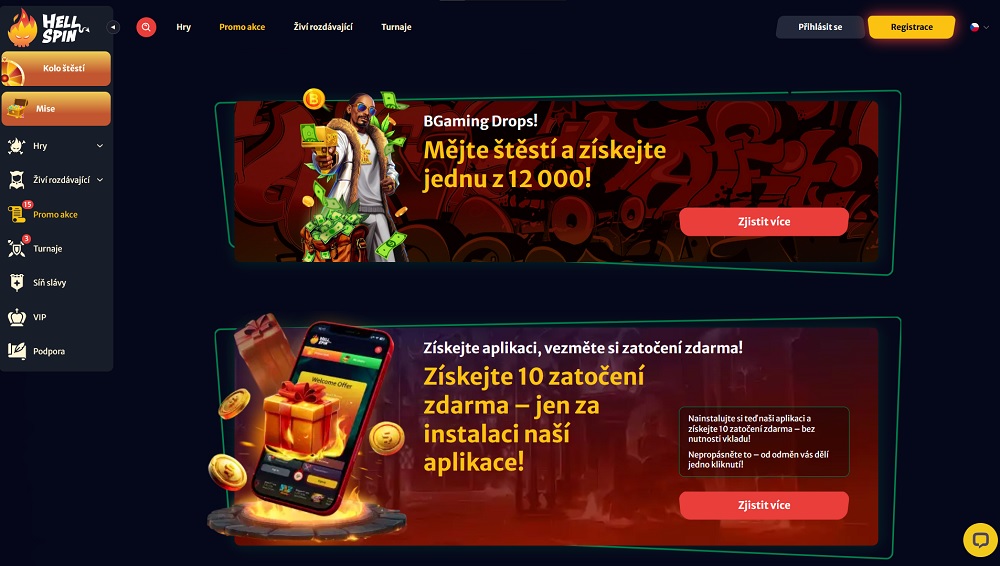 Náhled bonusů a promoakcí s free spins v online casinu Hell Spin