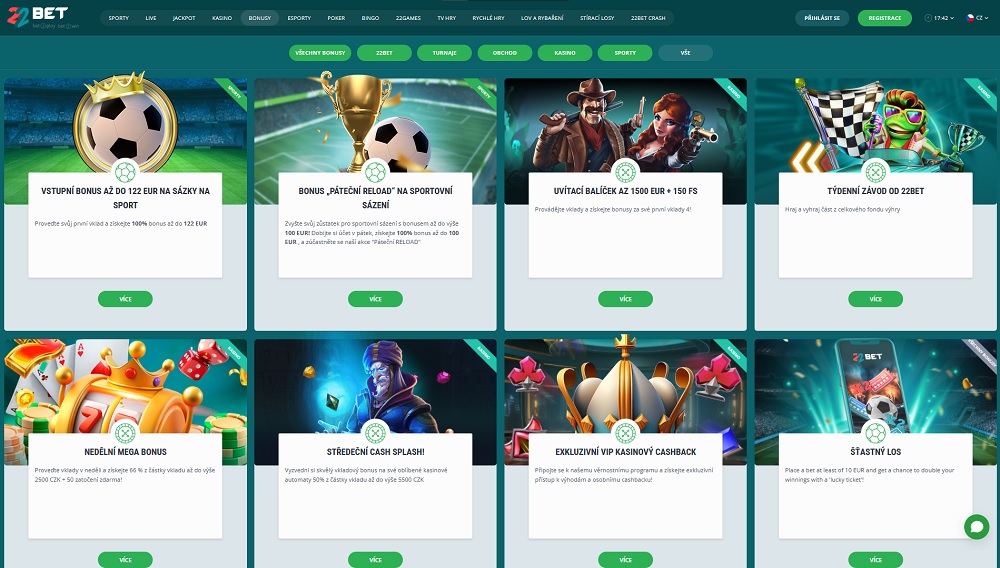 Náhled bonusů a promoakcí v online casinu 22BET