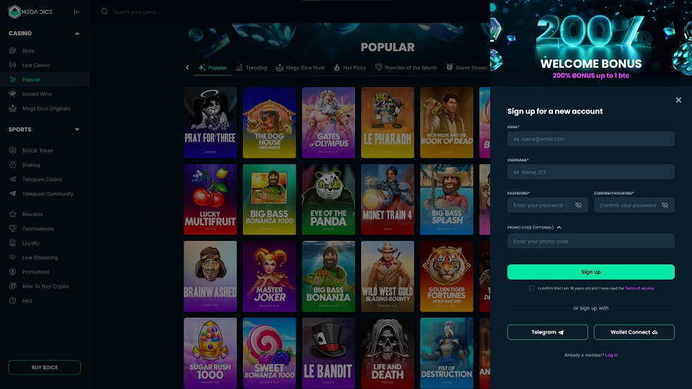 Náhled registračního formuláře s polem pro promo code v online casinu Mega Dice