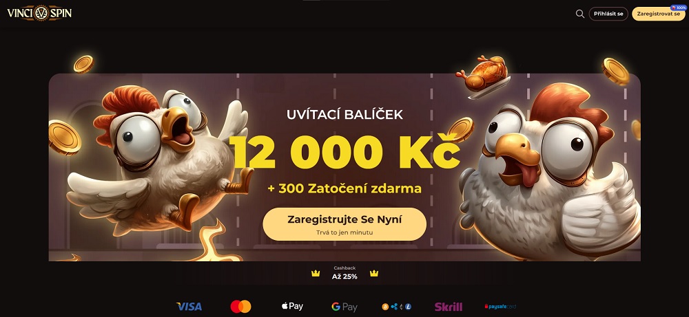 Náhled úvodní stránky Vinci Spin s platebními metodami a uvítacím balíčkem