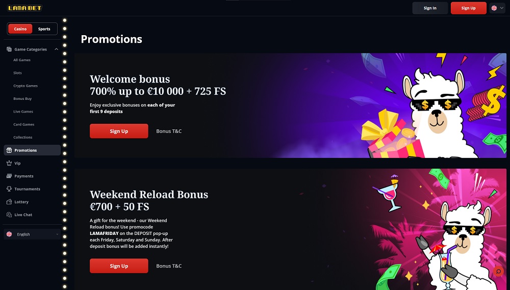 Preview of the bonuses and promotions at Lamabet online casino and bookmaker