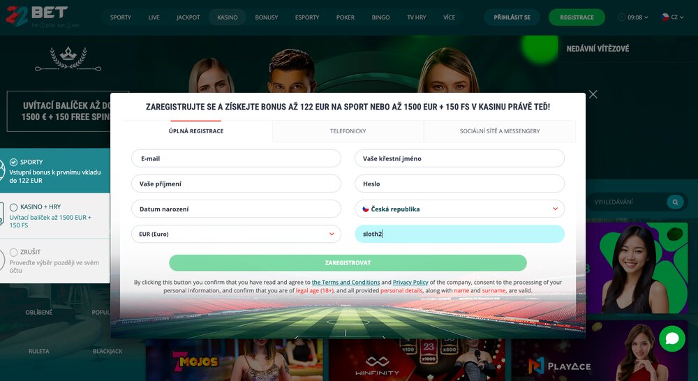 22BET registrace s promo code