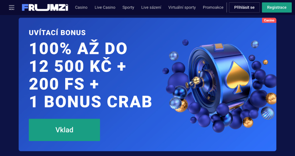Promoakce v casinu Frumzi: Vstupní bonus 12 500 Kč + 200 free spinů