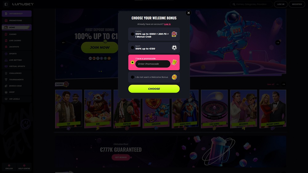 Preview of the registration form with promo code field at the online casino LunuBet