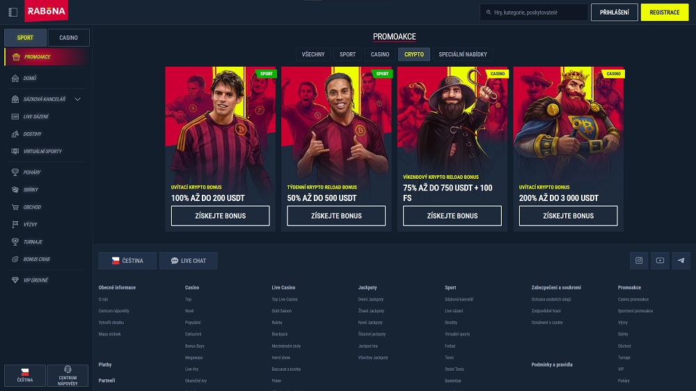 Náhled krypto bonusů v online casinu a sázkové kanceláři Rabona