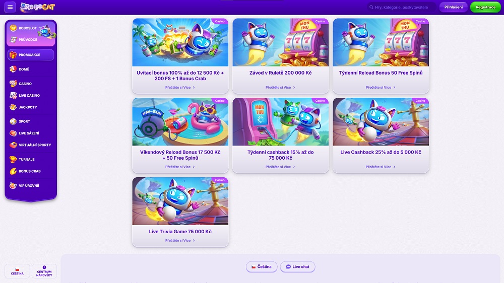 Náhled bonusů a promoakcí s free spins v online casinu Robocat