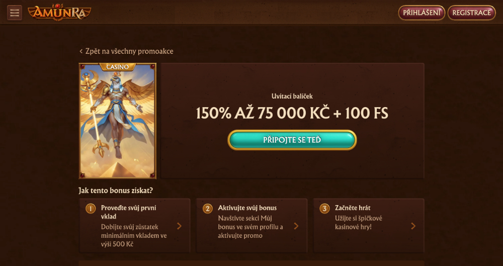 Promoakce v casinu AmunRa: Uvítací balíček 75 000 Kč + 100 free spinů