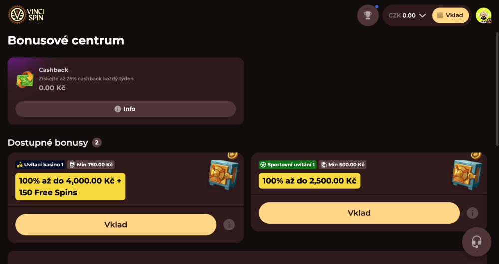 Jak získat bonusy v casinu Vinci Spin?