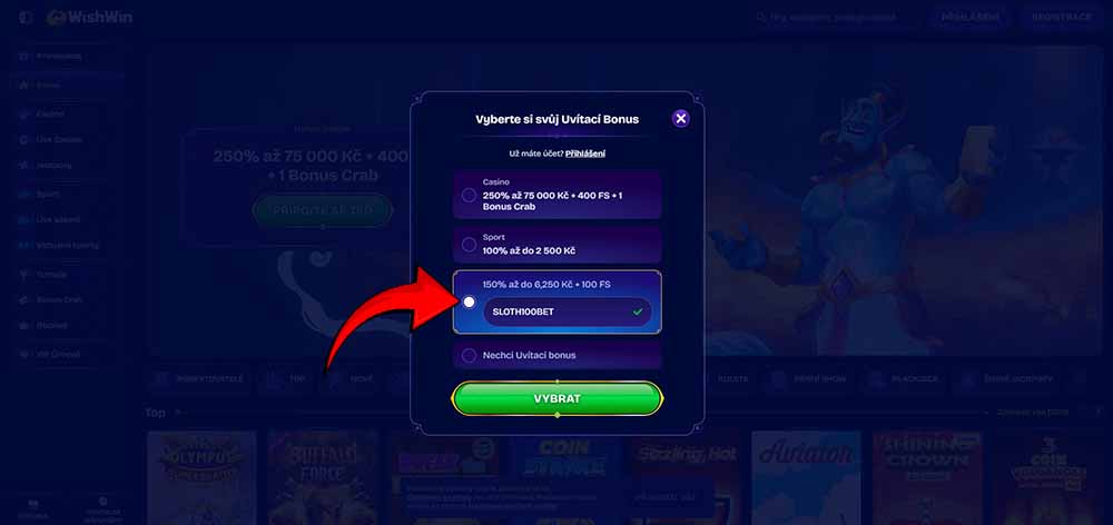 Speciální akce pro hráče SLOTHBET v casinu WishWin: Vylepšený 150% bonus do 6 250 Kč + 100 FS [platí do 31. 12. 2025]