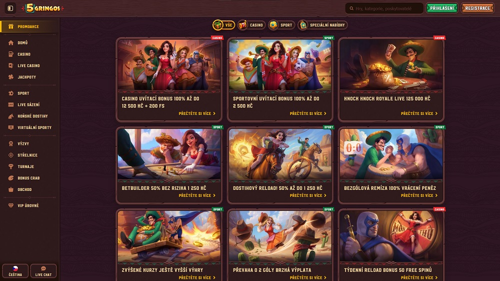 Náhled bonusů a promoakcí v září 2025 v online casinu a sázkové kanceláři 5Gringos
