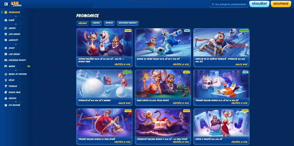 Náhled bonusů a promoakcí s free spins v SGCasino