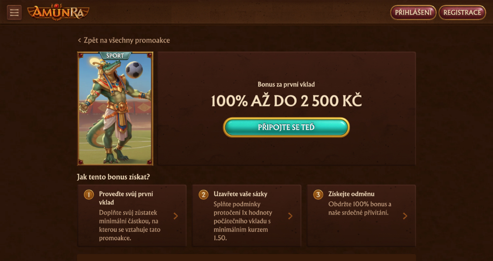 Promoakce v sázkové kanceláři AmunRa: Bonus k prvnímu vkladu 2 500 Kč