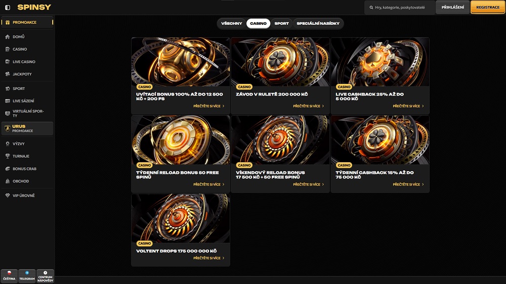 Náhled bonusů a promoakcí s free spins v online casinu Spinsy