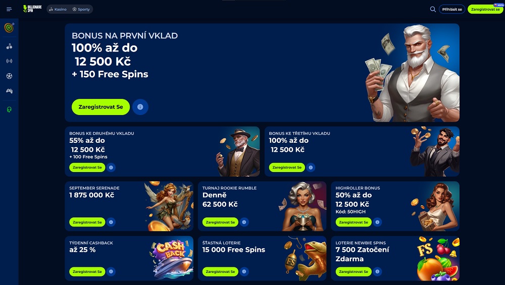 Náhled bonusů a promoakcí s free spins v online casinu Billionairespin