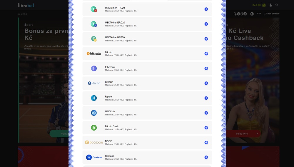 Vista previa de la selección de criptomonedas para depósito en el casino online LibraBet