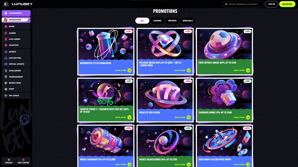 Preview of the bonuses and promotions and the online casino LunuBet