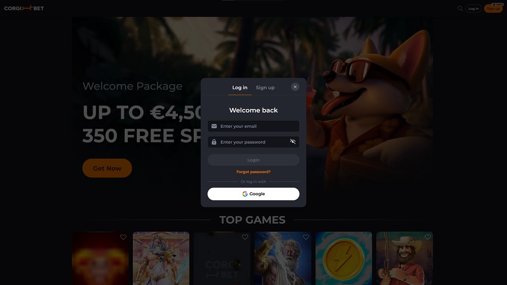 Preview of the login form at the online casino Corgibet