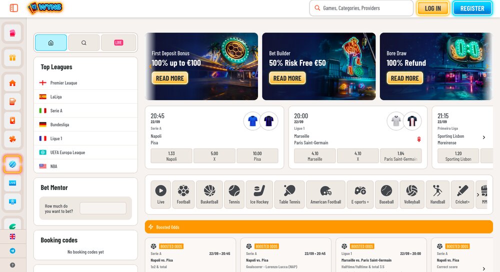 Wyns sportbook homepage