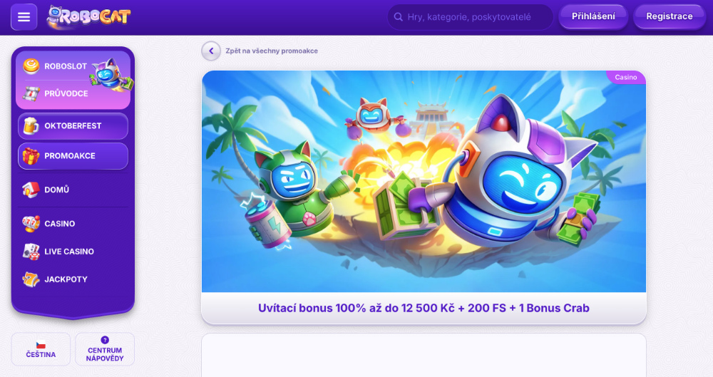 Promoakce v casinu Robocat: Vstupní bonus 12 500 Kč + 200 free spinů