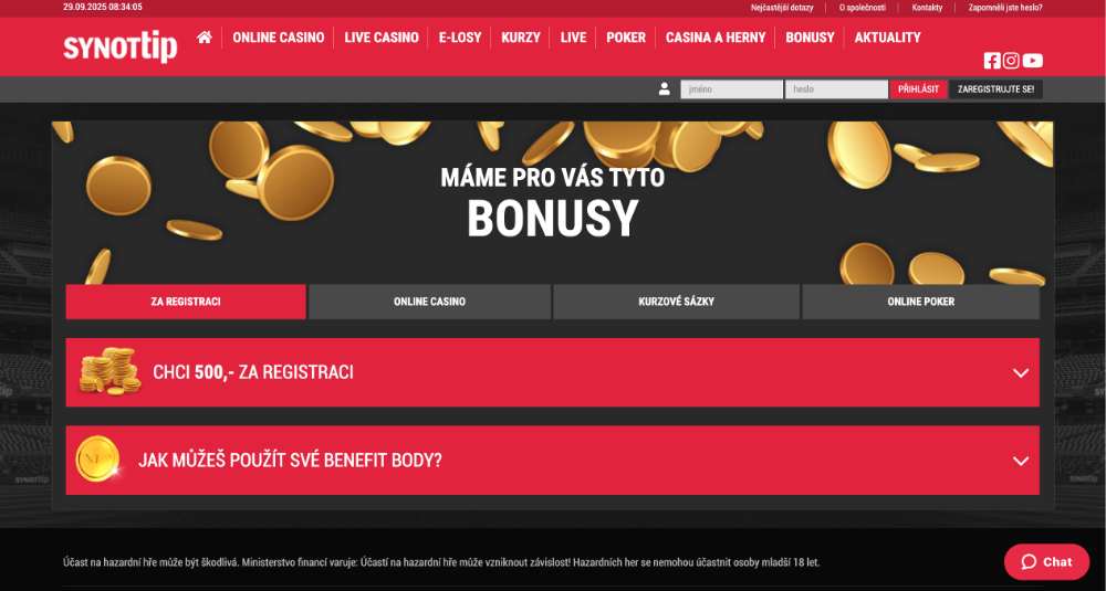 Synottip bonus bez vkladu [Získejte 500 Kč za registraci]
