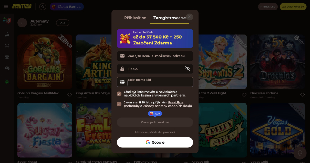 Náhled registračního formuláře s polem pro promo code v online casinu Roulettino