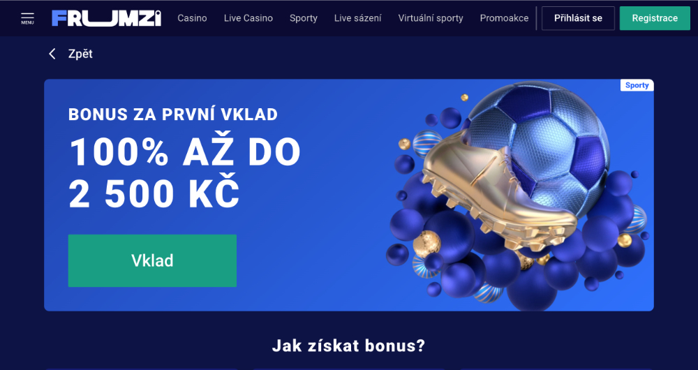 Promoakce v sázkové kanceláři Frumzi: Bonus k prvnímu vkladu 2 500 Kč