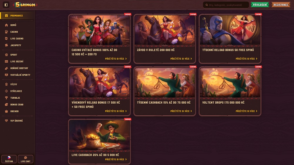 Náhled bonusů a promoakcí s free spins v online casinu 5Gringos
