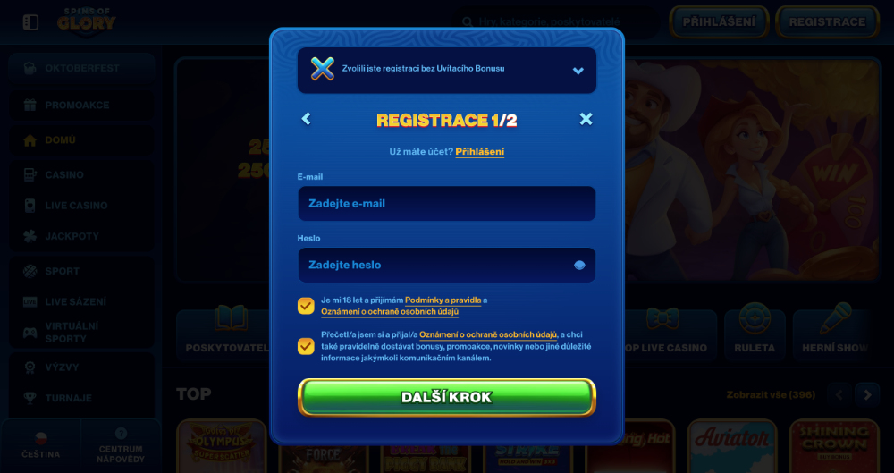 spins of Glory registrace