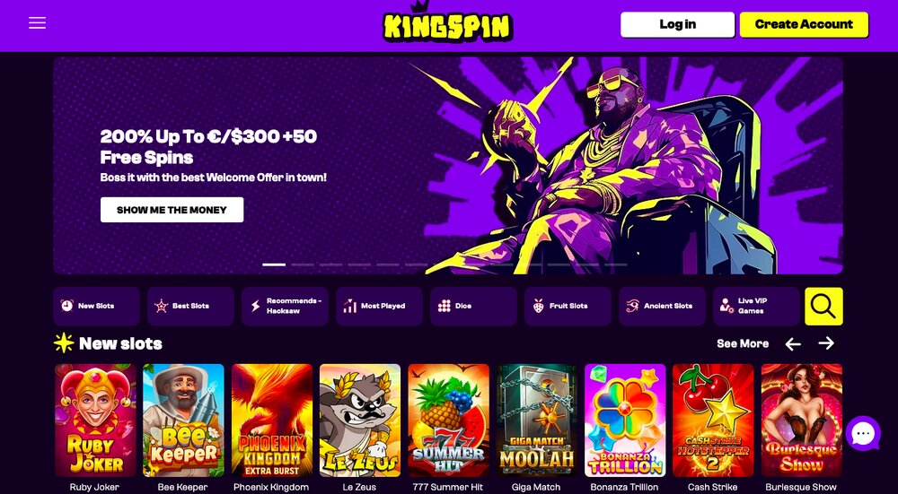 KingSpin casino homepage