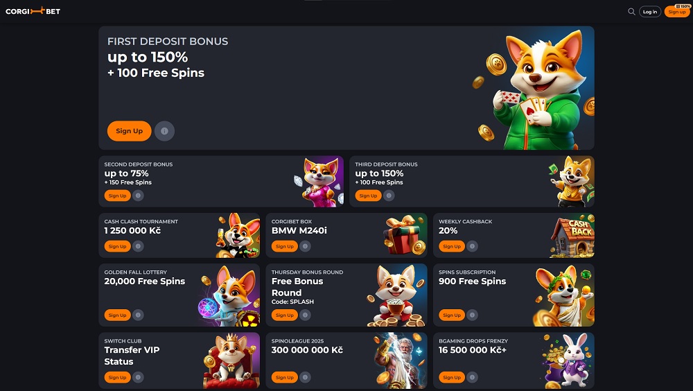 Preview of bonuses and promotions at the Corgibet online casino