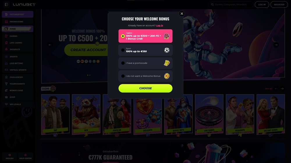 Preview of the registration form at the online casino LunuBet