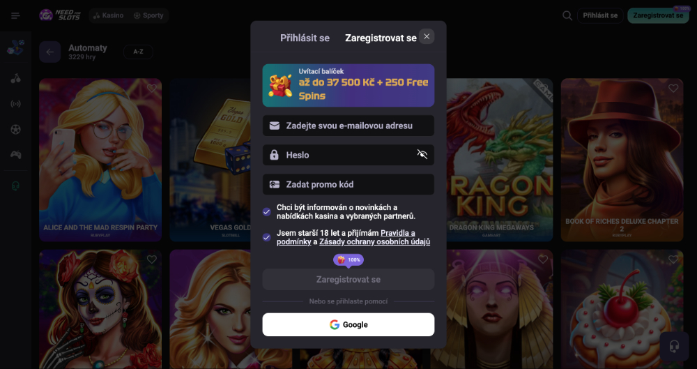 Náhled registračního formuláře s polem pro promo code v online casinu NeedforSlots