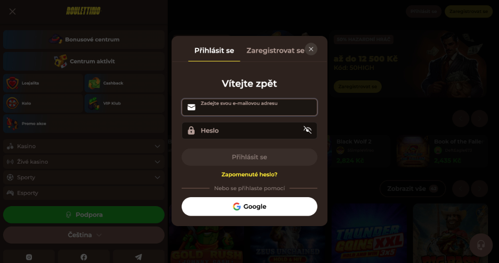 Náhled přihlašovacího formuláře v online casinu Roulettino