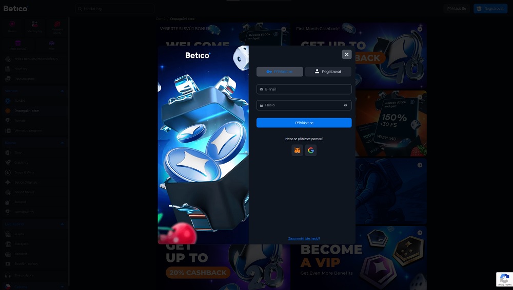 Vista previa del formulario de inicio de sesión con opción de vincular la cuenta de MetaMask y Google en el casino online Betico