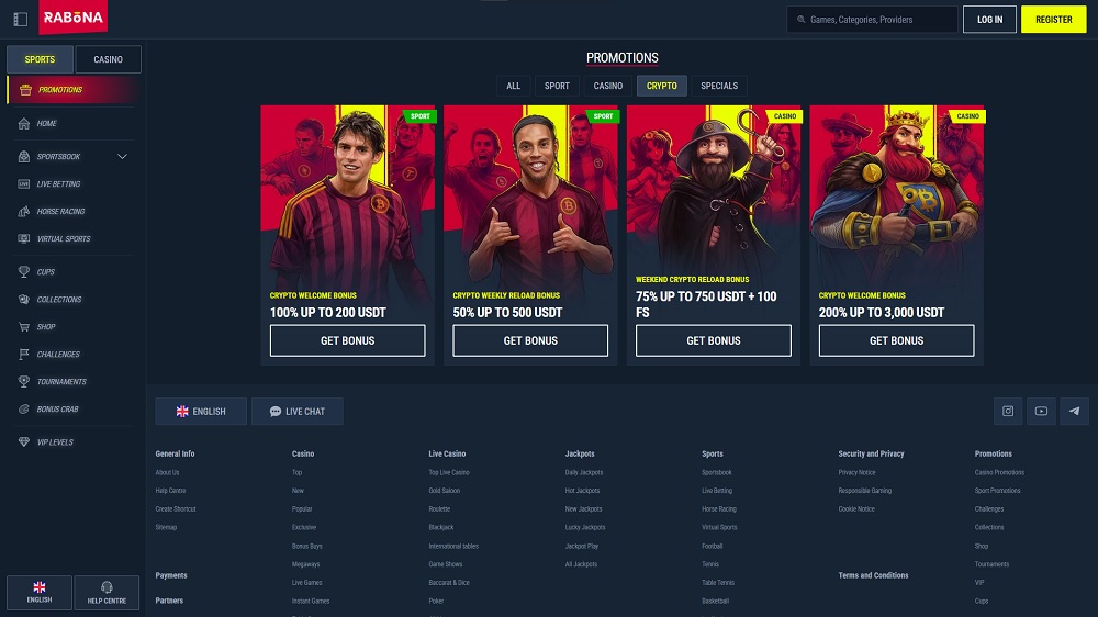 Preview of crypto bonuses at the Rabona online casino and sportsbook