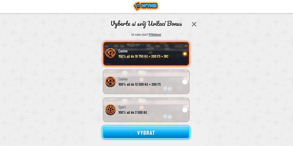 Speciální BONUS pro hráče SLOTHBET v casinu Wyns: 150 % bonus do výše 18 750 Kč + 200 FS